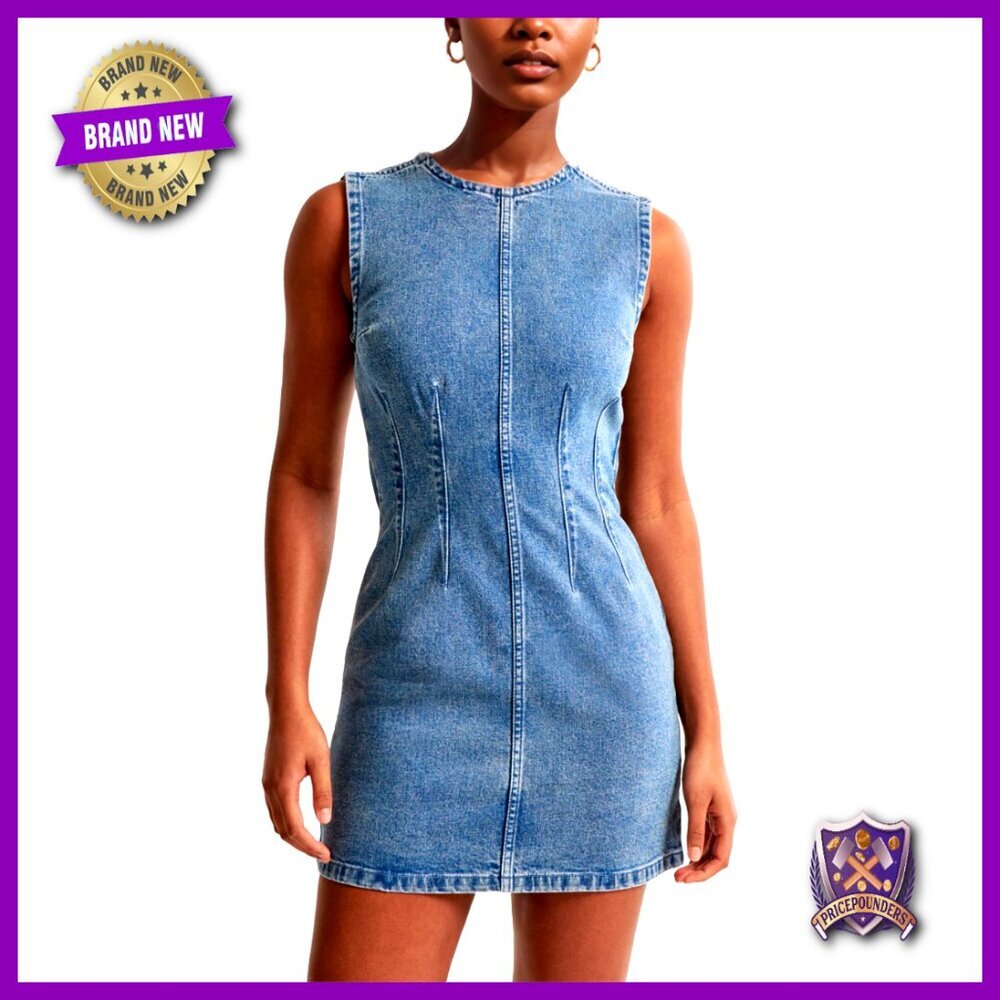 Sleeveless Bodycon Denim Mini Dress Casual Waist Tucks Zipper Tank